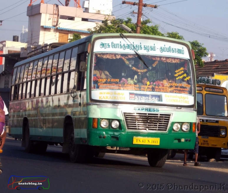 TN-63N-1641 of Karaikudi Depot Route Karaikudi - Coimbatore via Pillayarpatti, Natham, Dindigul, Palani, Udumalai, Pollachi.